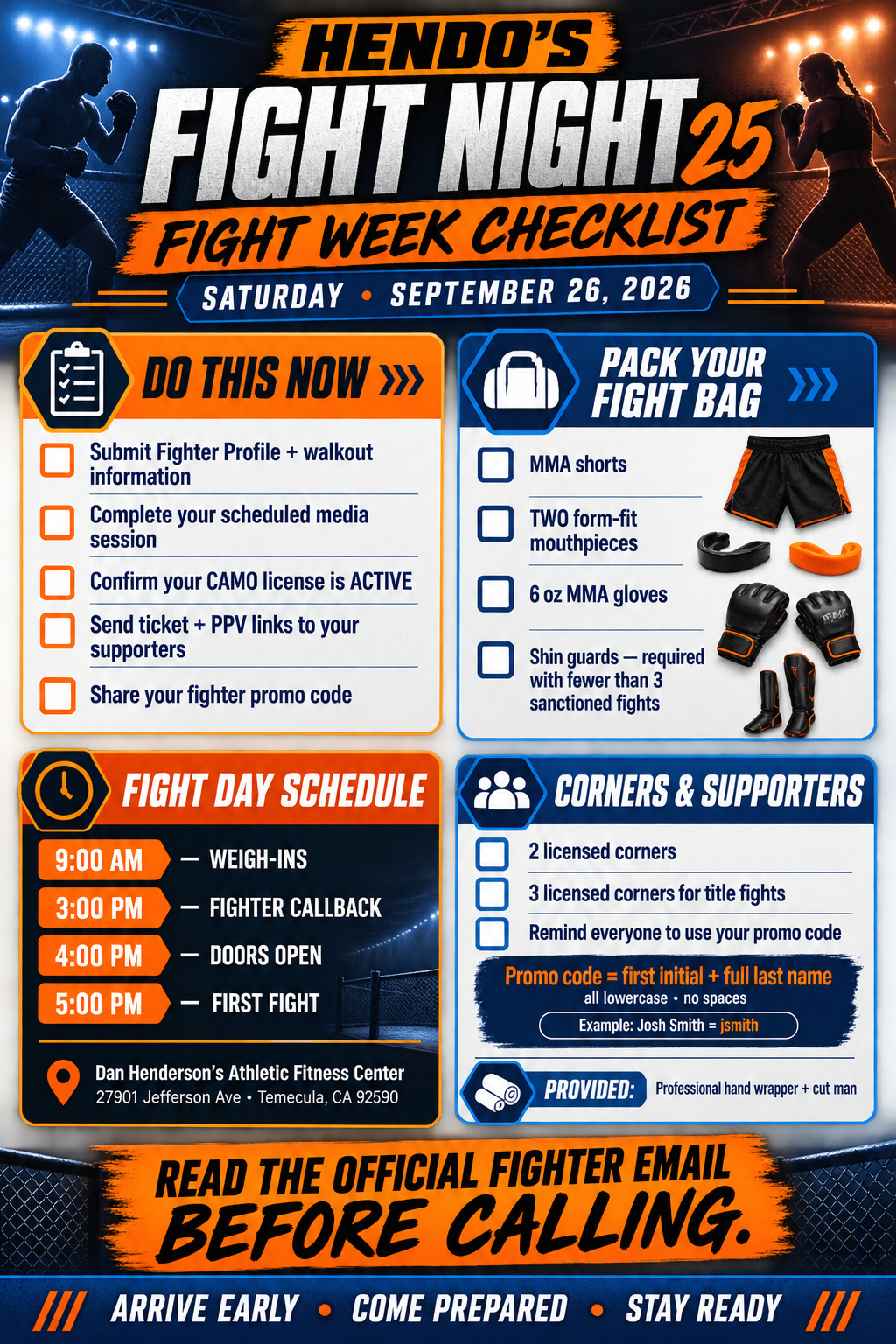 Hendo's Fight Night 25 Fight Week Checklist with event schedule, equipment, corner and preparation requirements